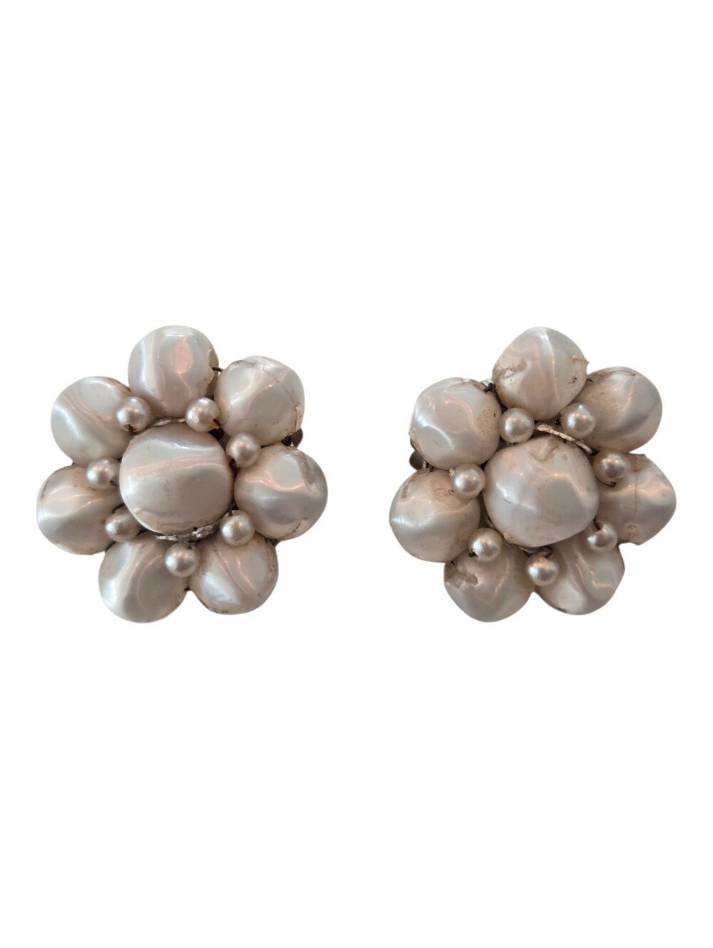 Vintage Satin Faux Pearl Cluster Flower Clip On Earrings Lightweight